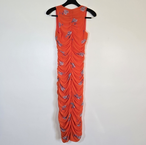 New Ganni Printed Mesh Ruched Sleeveless Midi Sun Dress 36/4 Sundress - Picture 8 of 14